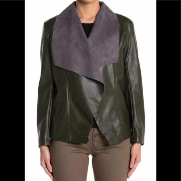 Tahari Faux Leather Moto Drape Wrap Jacket, Comfy Dark Green, Size Small, NWT - Picture 5 of 12